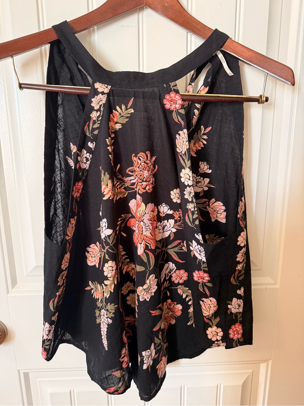 Free People Black Floral top with Pink and Coral Blooms